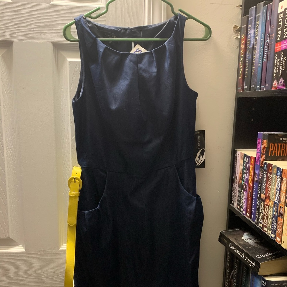 Nine West navy blue dress with yellow belt NWT